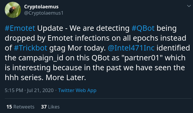 Crypto EmotetQakBot tweet